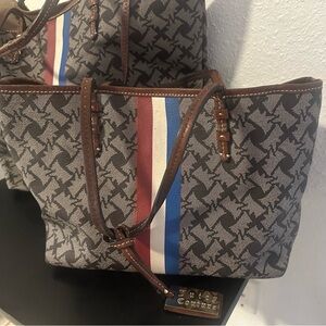 Juicy Couture Women's Gray Tote Bag and Purse with Red and Blue Stripes